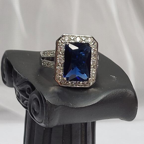 Blue Princess Cut Cabochon w Diamond chip accent 925 Sterling Silver Ring Sz 8.5 - Picture 1 of 8